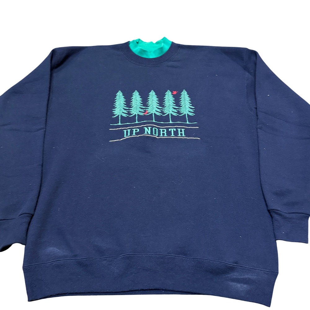 Vintage Up‎ North Sweatshirt Mens XL Navy Blue Embroidered Trees Cabincore